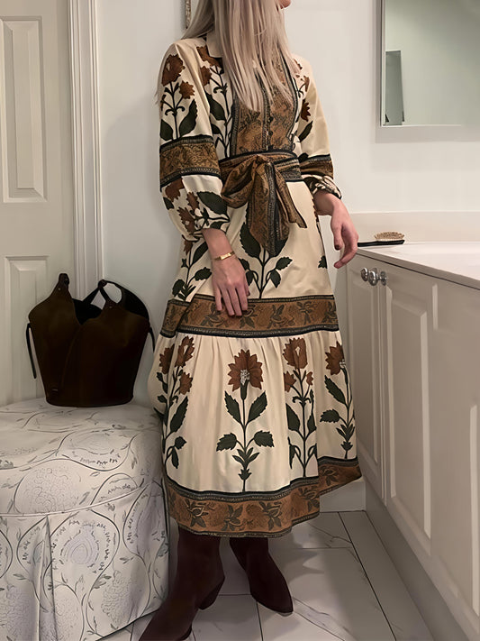 Placement Print Long Sleeve Belted Maxi Dress