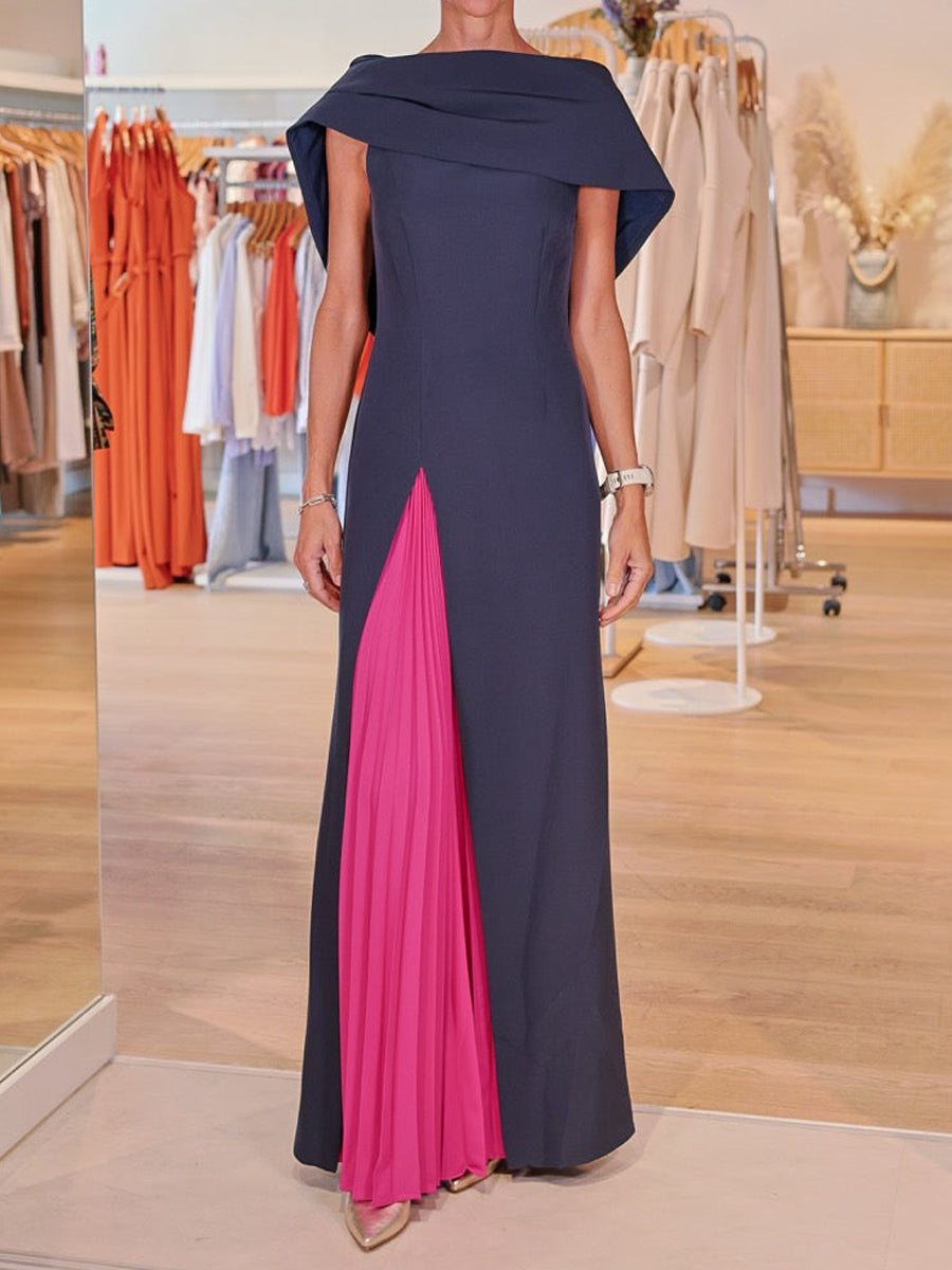 Elegant Irregular Collar Pleated Patchwork Party Dress