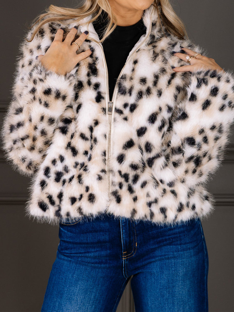 Fashion Snow Leopard Faux Fur Long Sleeve Jacket