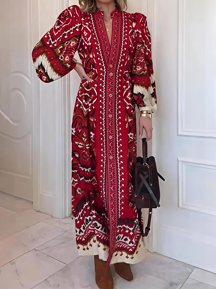 Printed Puff Sleeves V Neck Maxi Dress