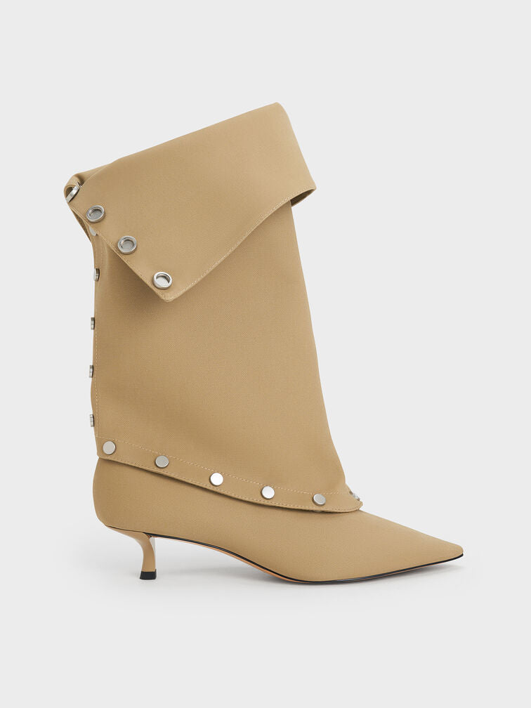 Twill studded convertible kitten heel knee-high boots