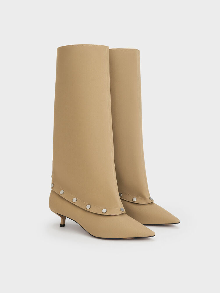 Twill studded convertible kitten heel knee-high boots