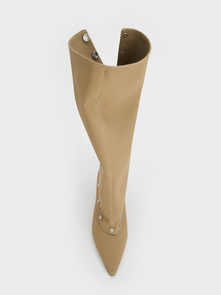 Twill studded convertible kitten heel knee-high boots