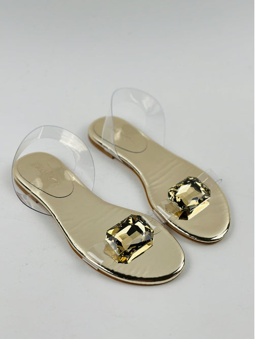 Gold Large Crystal Flat Sandals