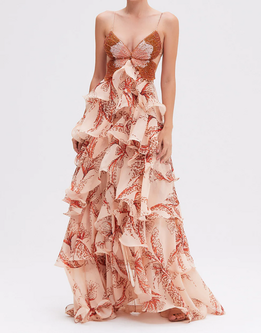 Butterfly print ruffled maxi skirt