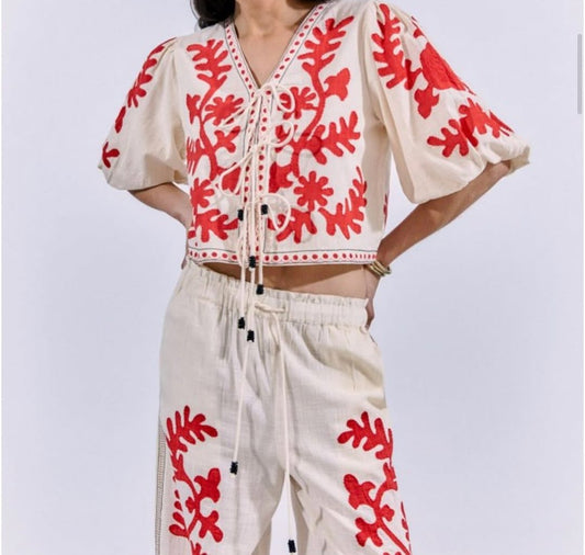 Linen blended printed wide-leg pants + thin strap top two-piece set
