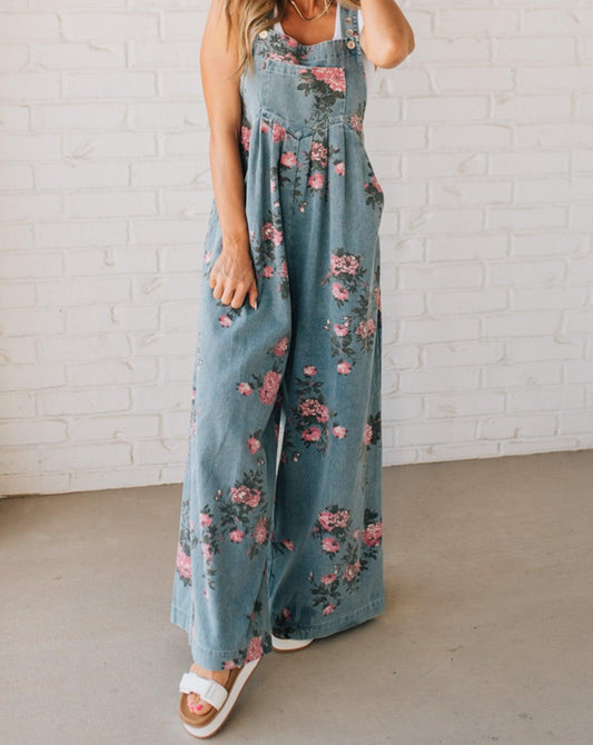 Floral print denim overalls