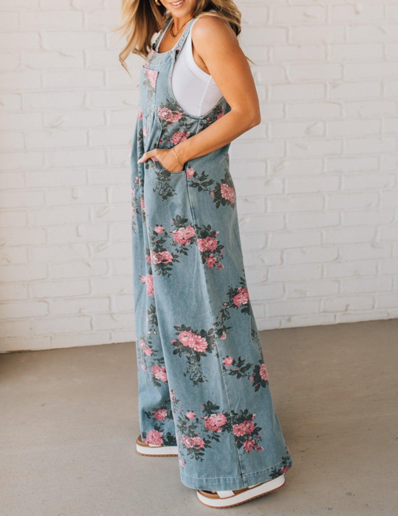 Floral print denim overalls