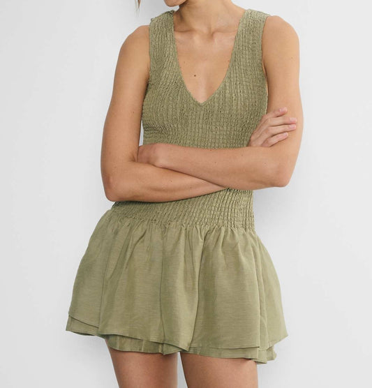 Smocked drop-waist V-neck mini dress
