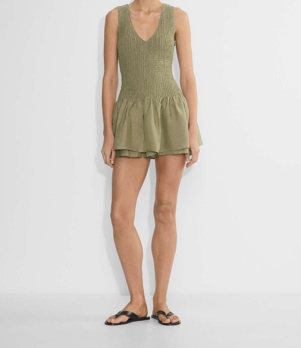 Smocked drop-waist V-neck mini dress