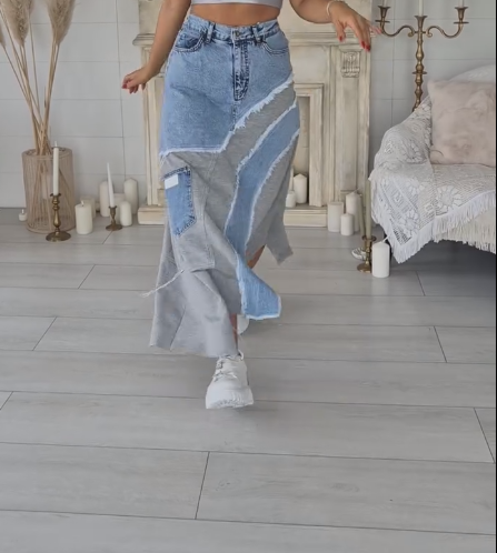 Denim patchwork irregular skirt