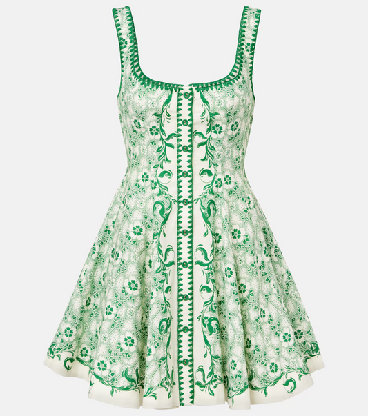 Olive Printed Linen And Cotton Minidress In Green