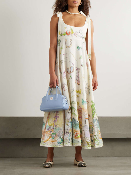 Tie-detailed printed pleated linen dress