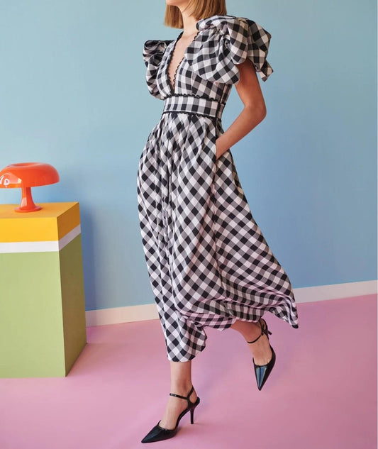 Plaid Puff Sleeve Deep V Midi Skirt
