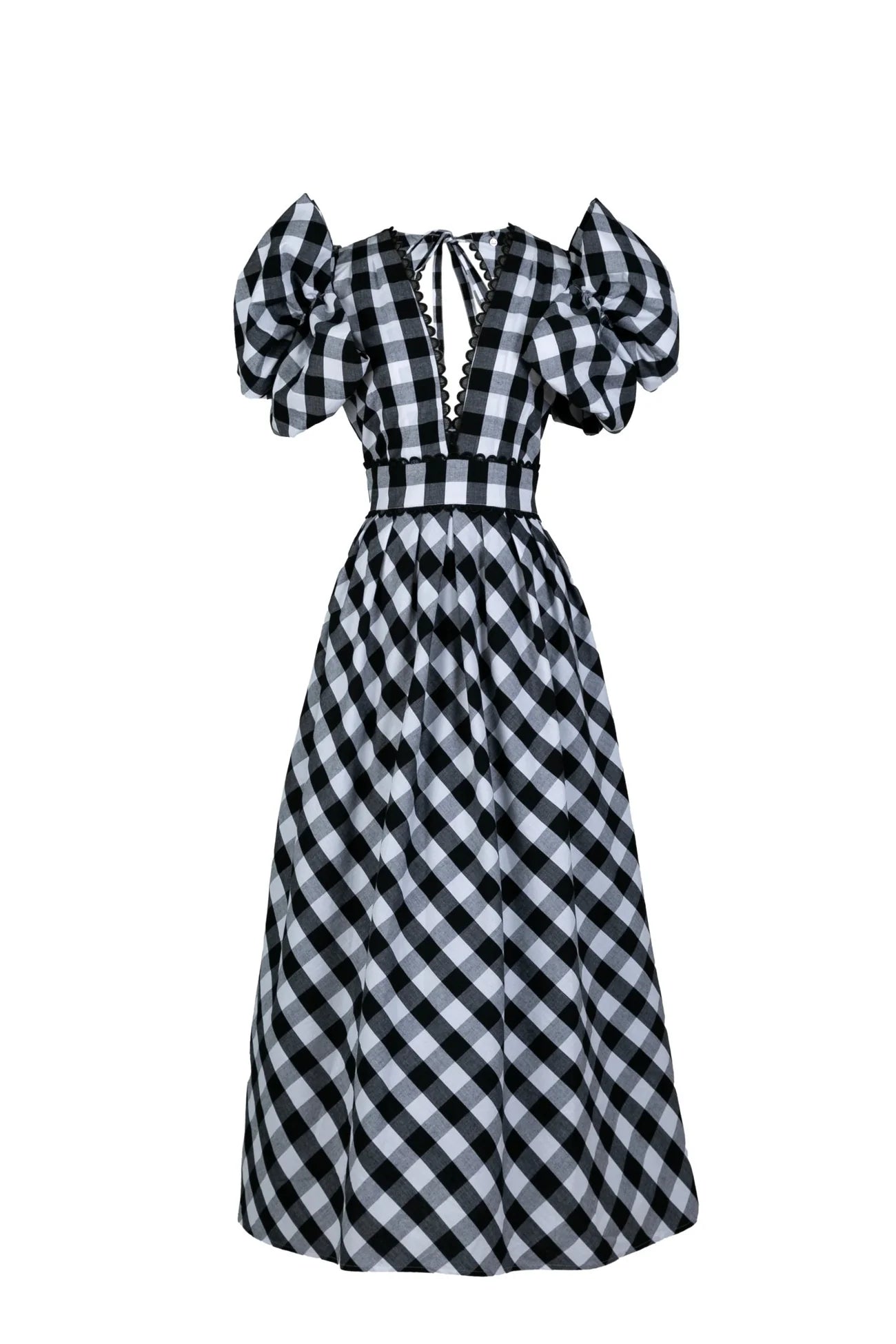 Plaid Puff Sleeve Deep V Midi Skirt