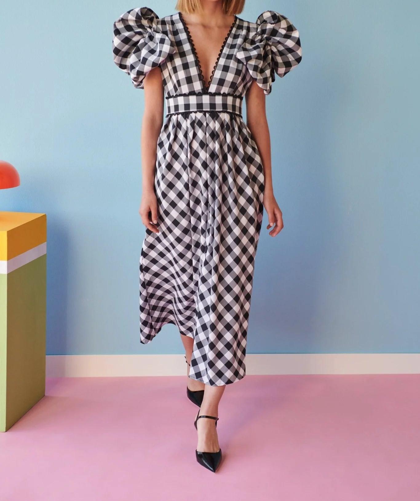 Plaid Puff Sleeve Deep V Midi Skirt