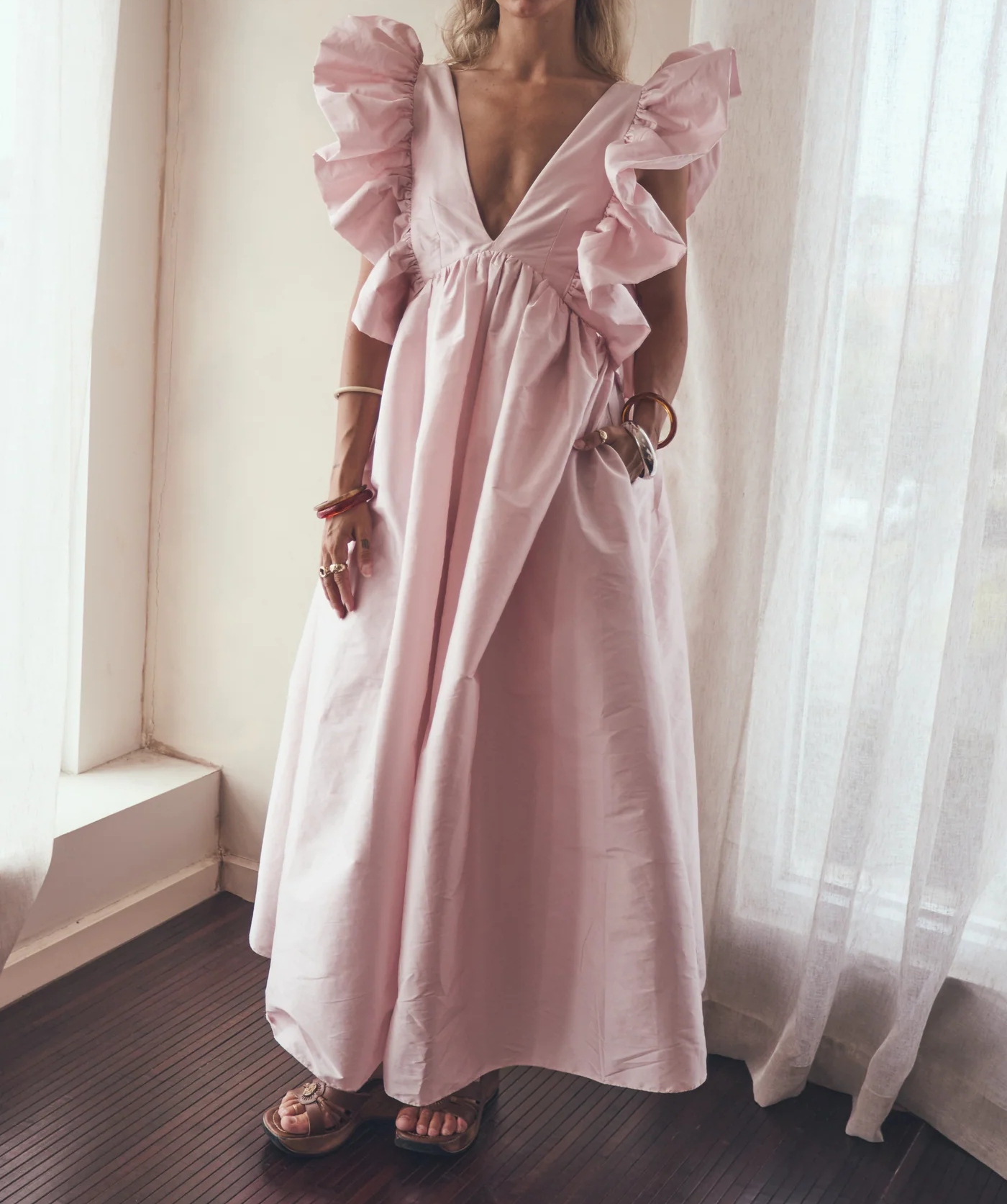 Deep V ruffled sleeve dress
