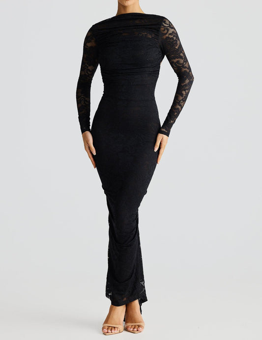 Lace see-through slim fit backpack hip-revealing dress