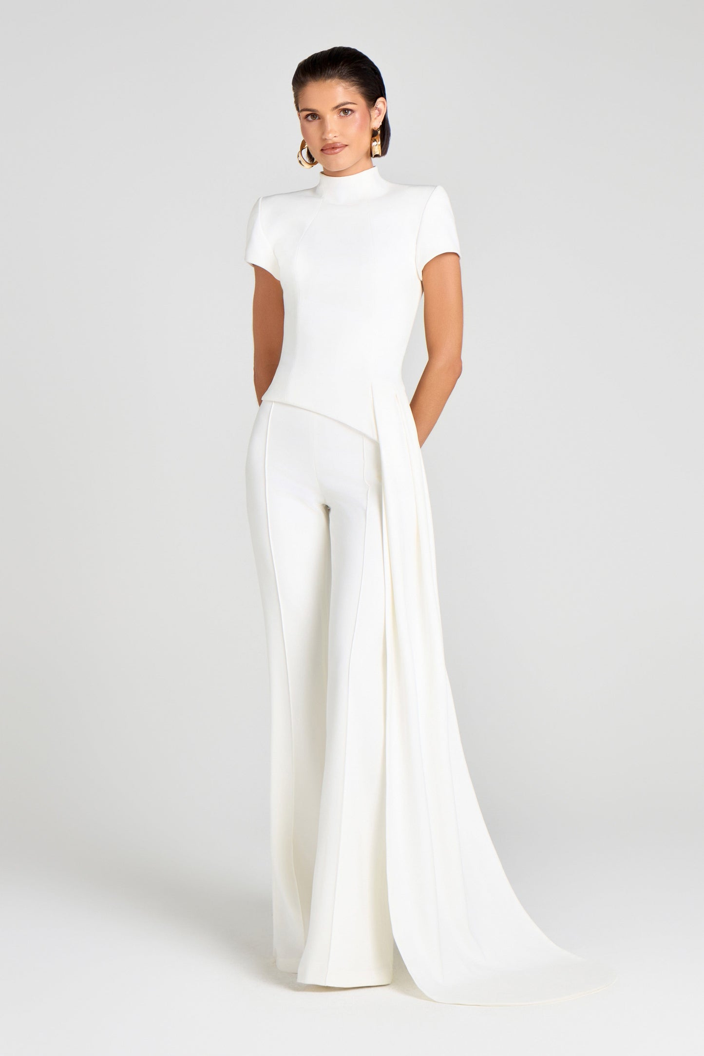 Asymmetrical floor-length top + pants set