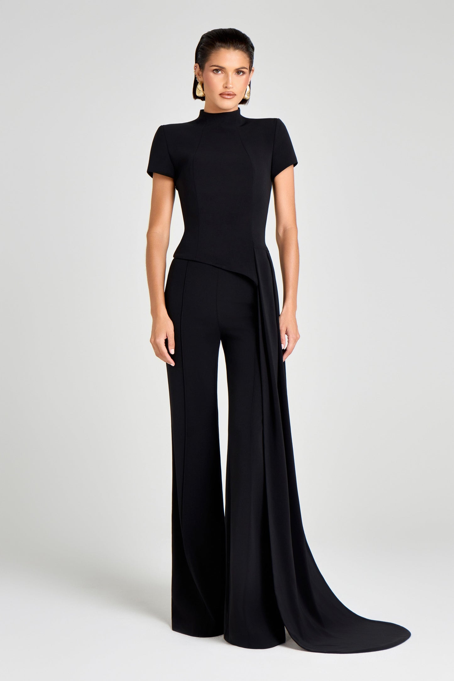 Asymmetrical floor-length top + pants set