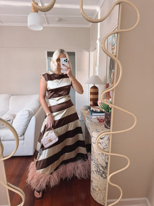 Thick striped hem feather satin maxi skirt