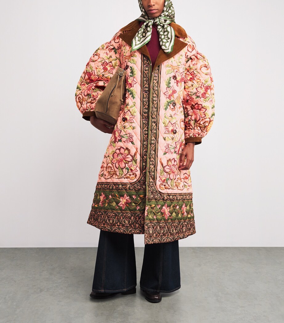Floral print lapel tie cotton long jacket