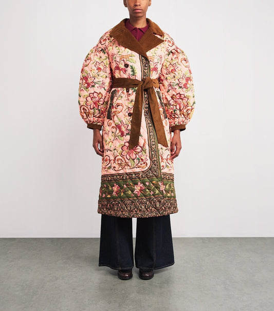 Floral print lapel tie cotton long jacket