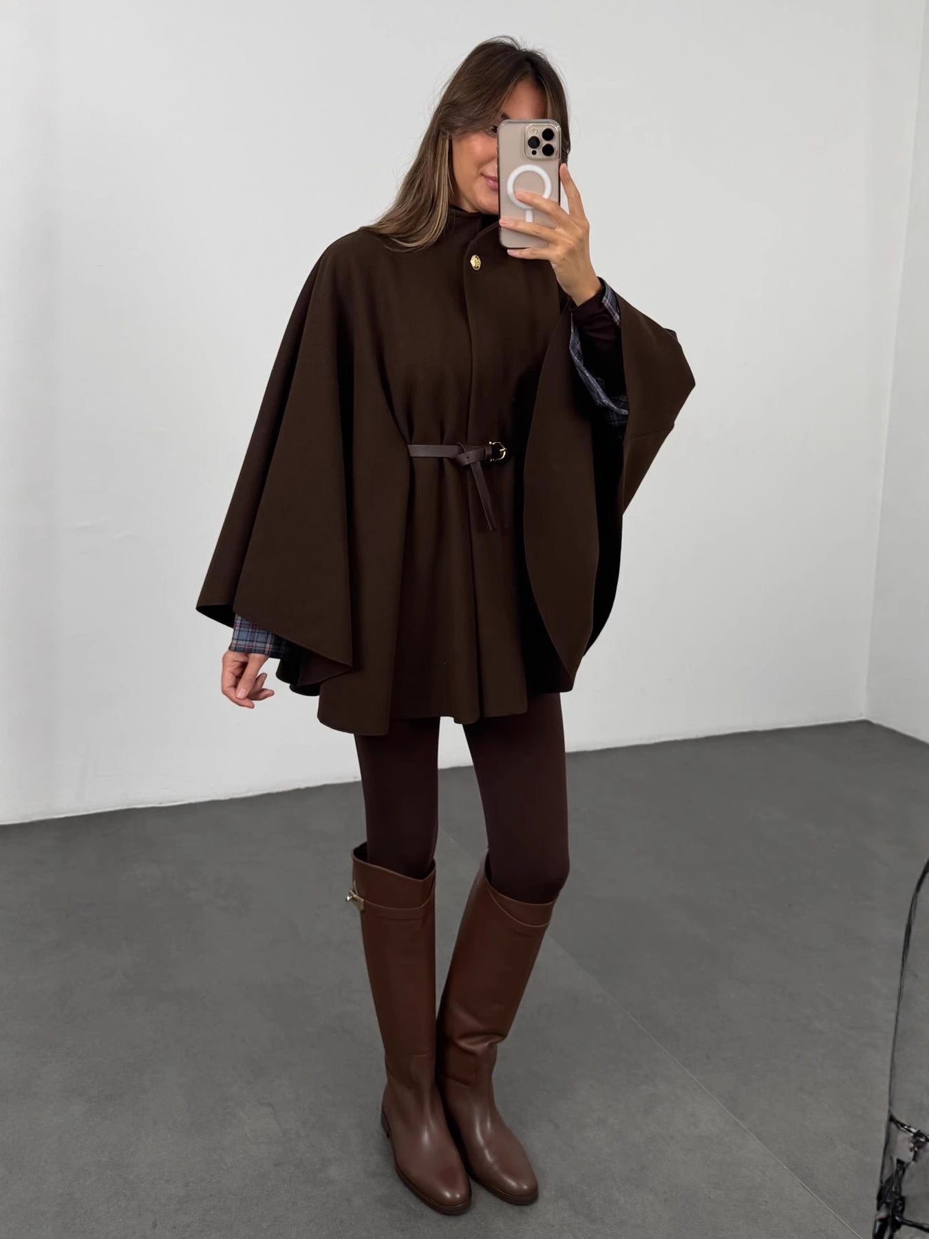 Solid color waisted woolen cape coat