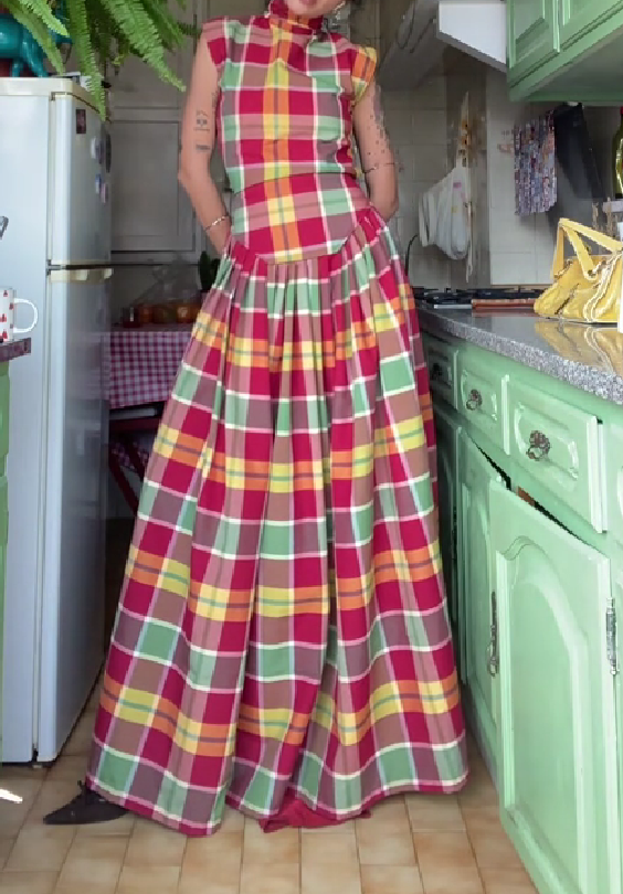Plaid patchwork vest maxi skirt
