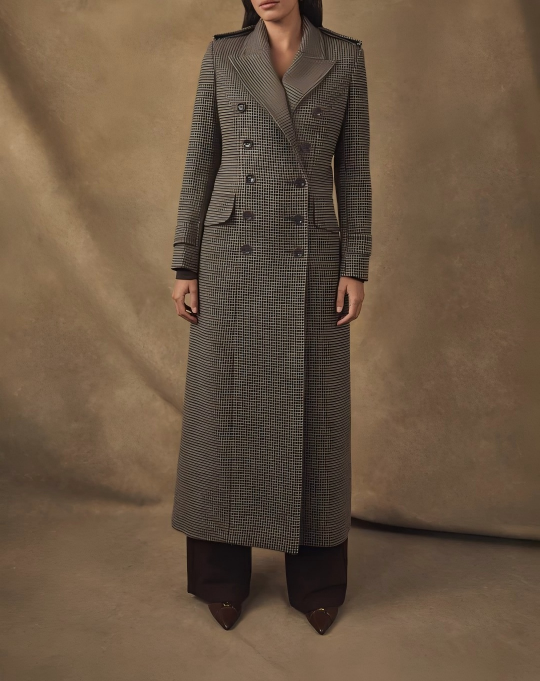 Check wool long coat