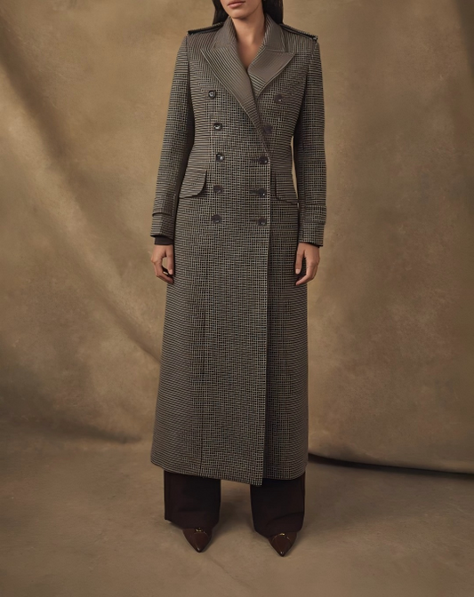 Check wool long coat