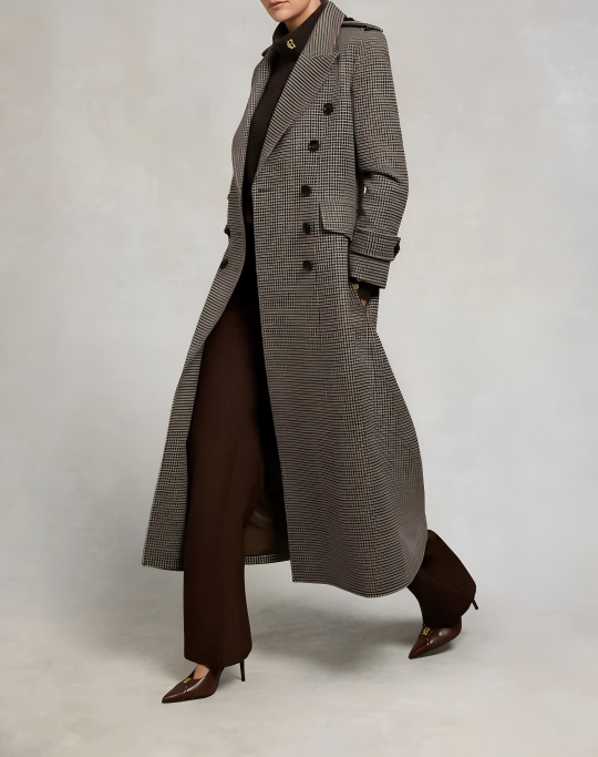 Check wool long coat