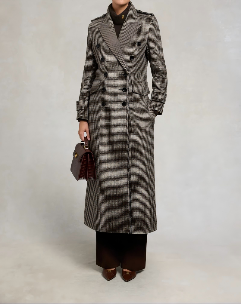 Check wool long coat