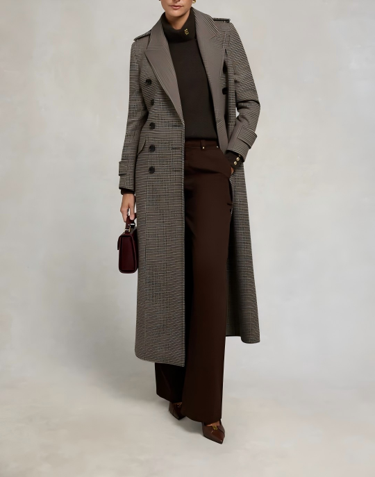 Check wool long coat