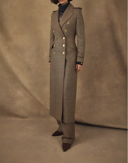 Check wool long coat