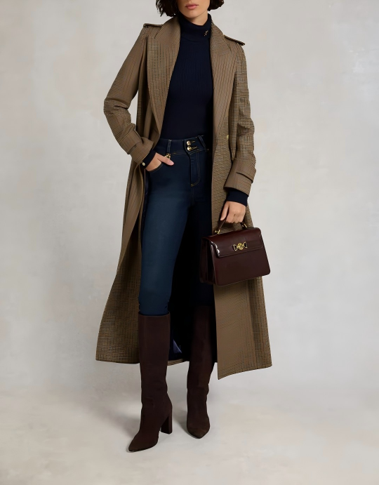 Check wool long coat