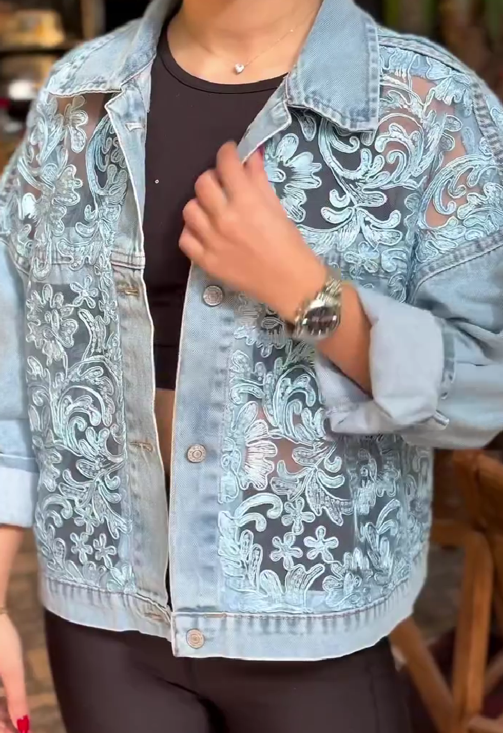 Mesh embroidered denim jacket