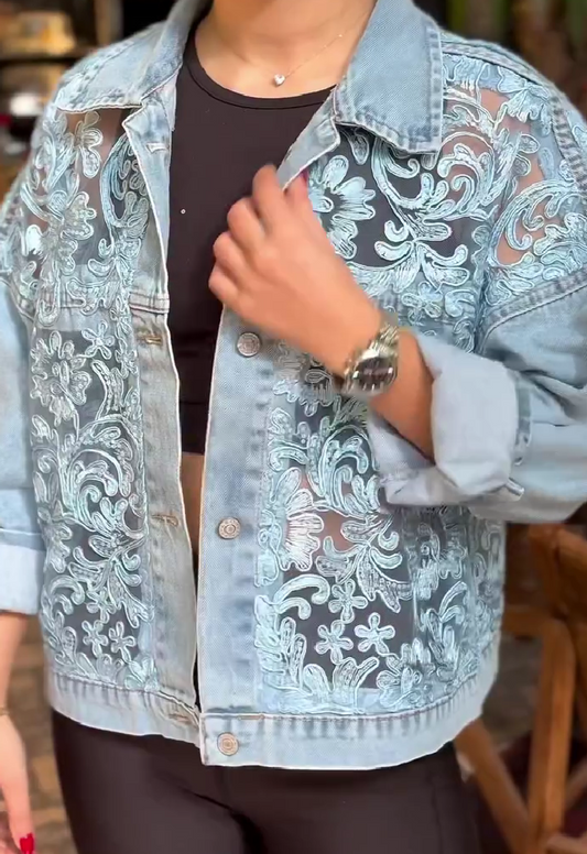 Mesh embroidered denim jacket
