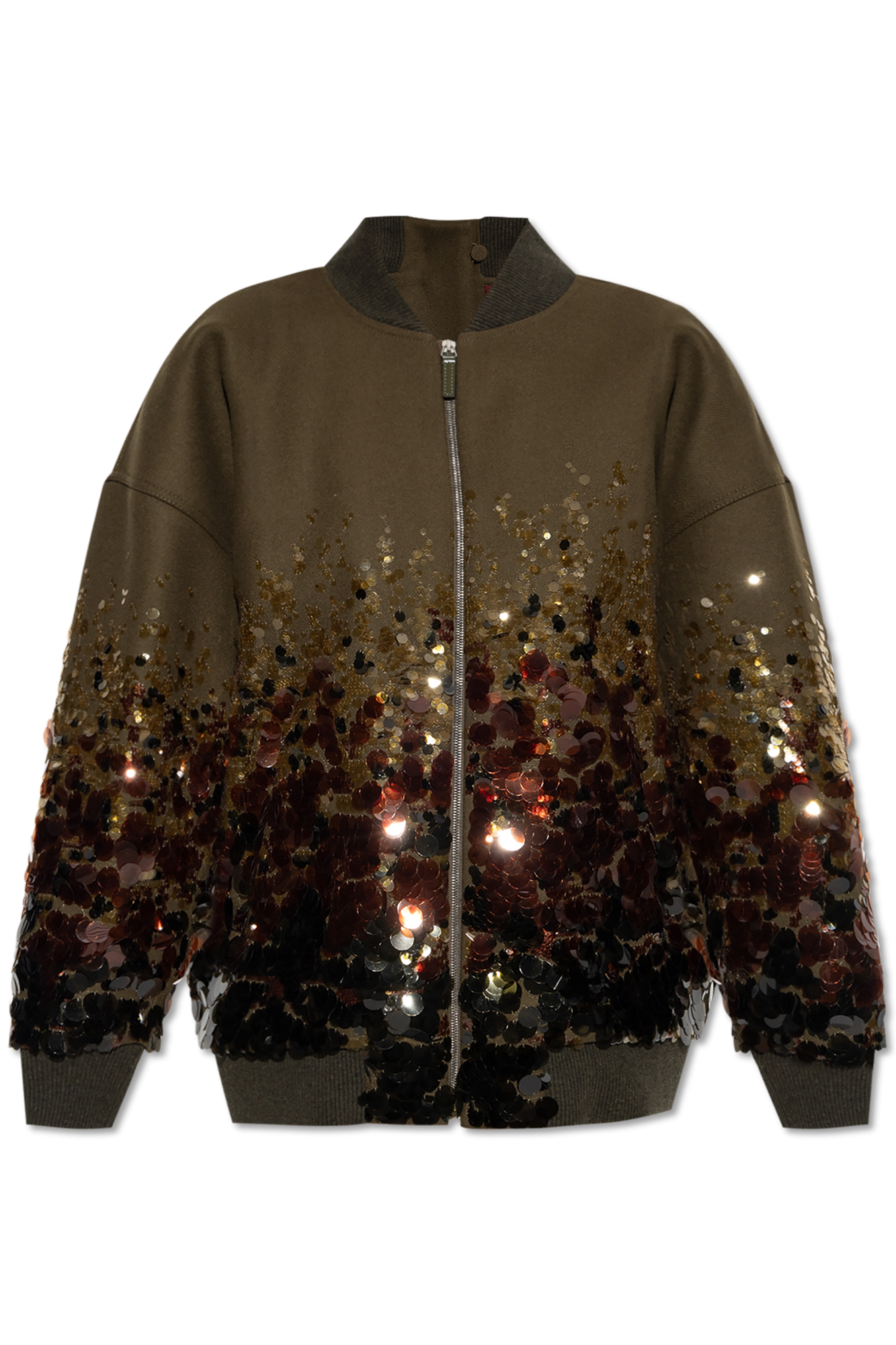 Green Wool Gradient Glitter Bomber Jacket