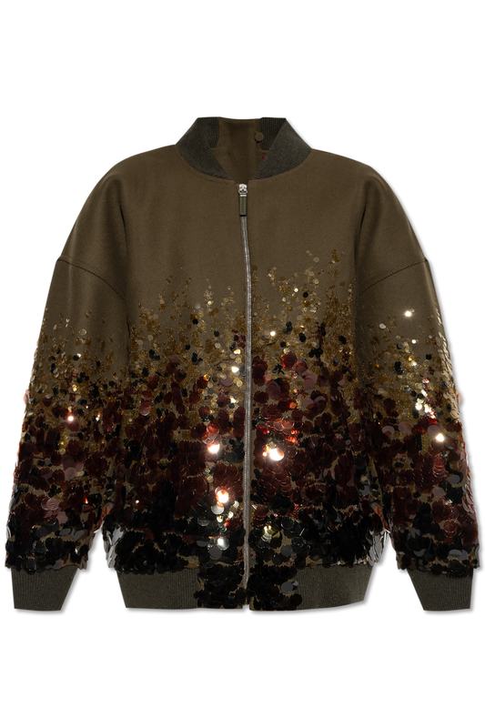 Green Wool Gradient Glitter Bomber Jacket