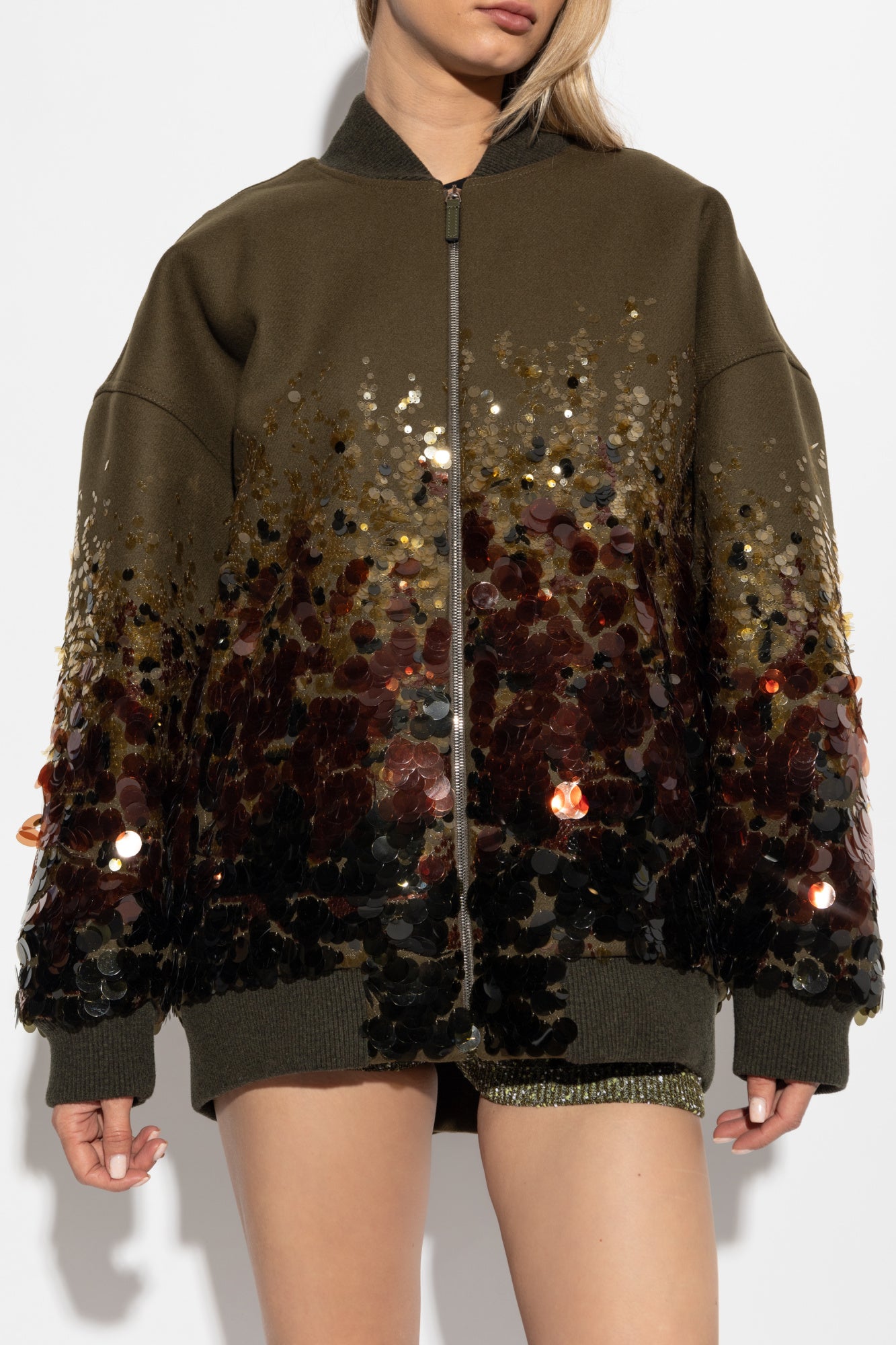 Green Wool Gradient Glitter Bomber Jacket