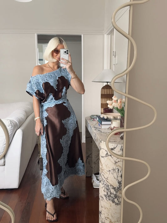 Lace-trimmed off-shoulder dress