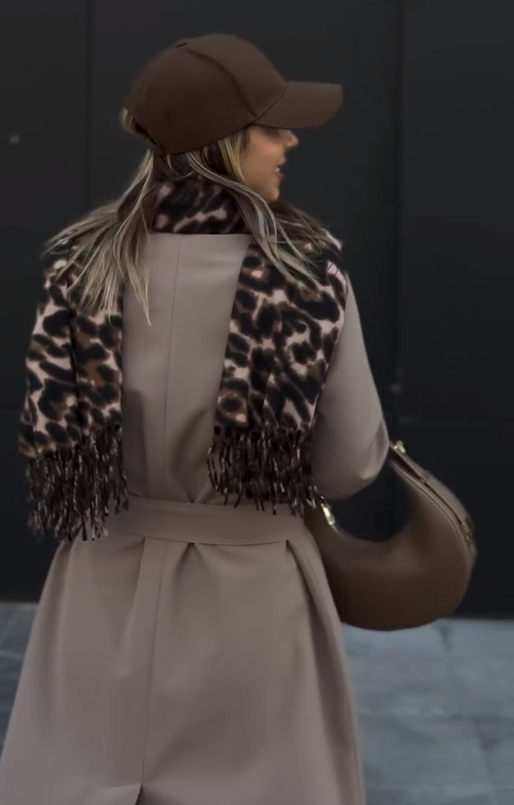 Mocha-colored long trench coat with side buttons