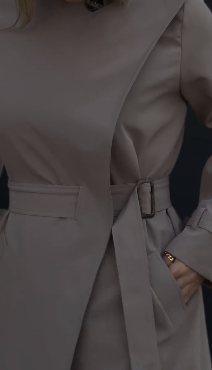 Mocha-colored long trench coat with side buttons