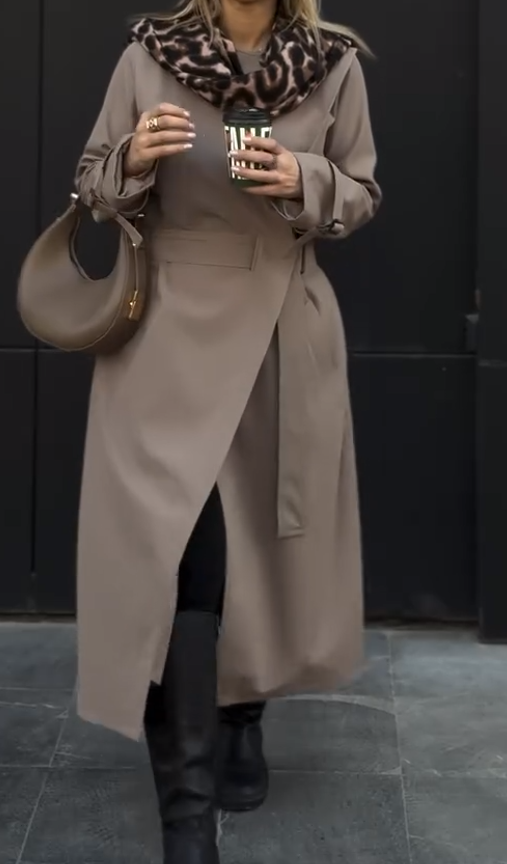 Mocha-colored long trench coat with side buttons