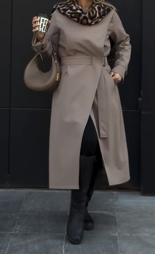Mocha-colored long trench coat with side buttons