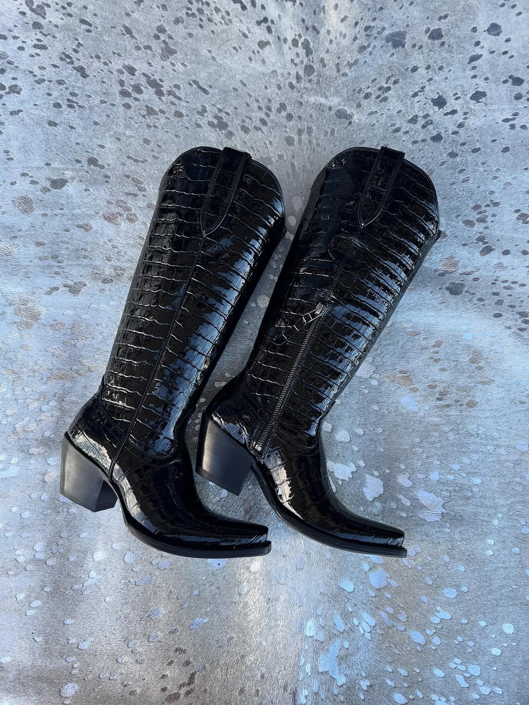 Crocodile-embossed leather knee-high Western boots