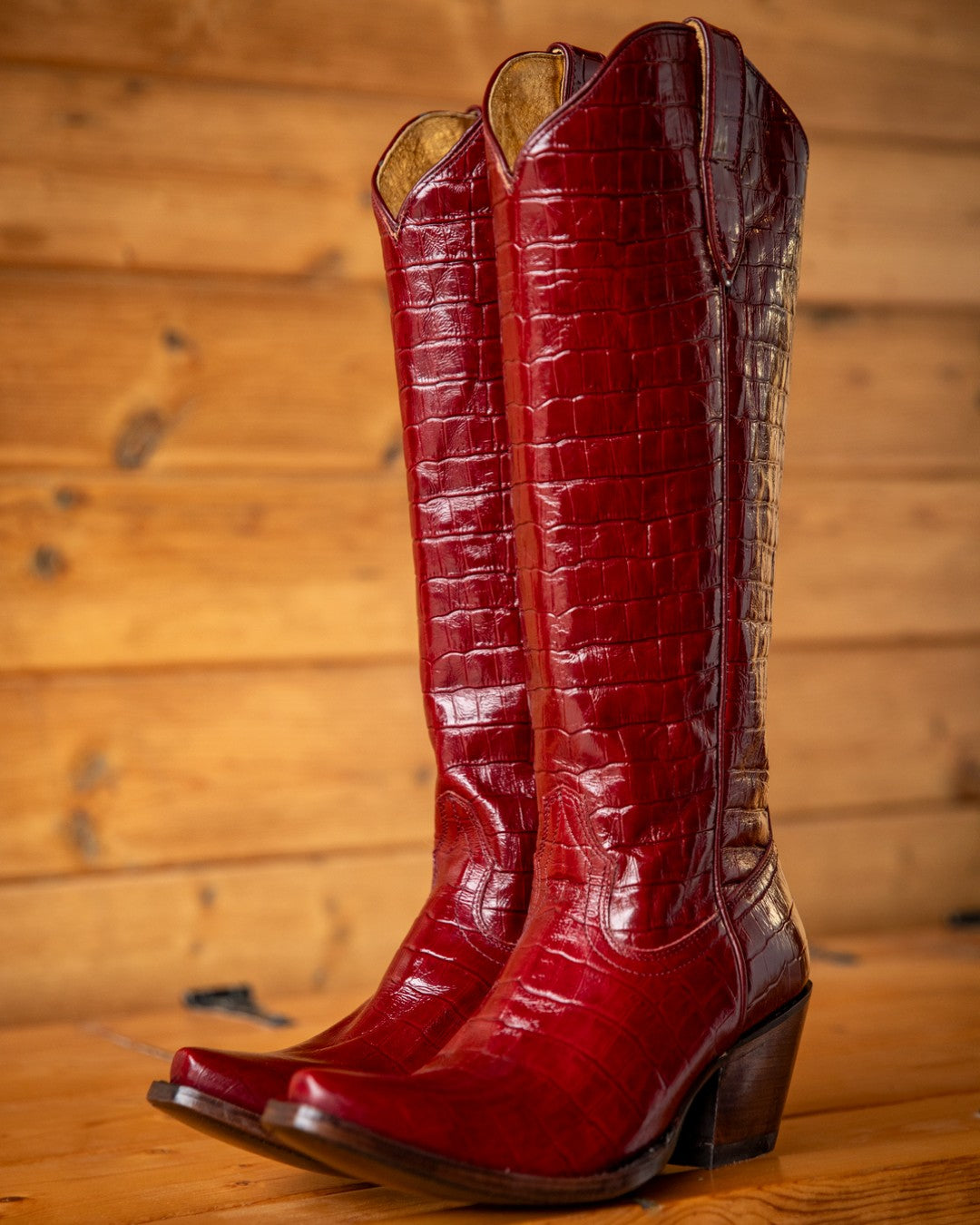 Crocodile-embossed leather knee-high Western boots