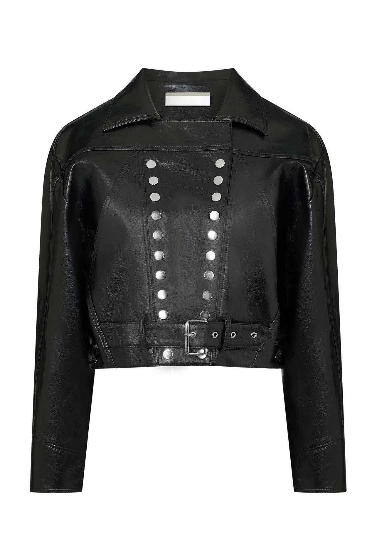 Detachable faux fur collar leather jacket