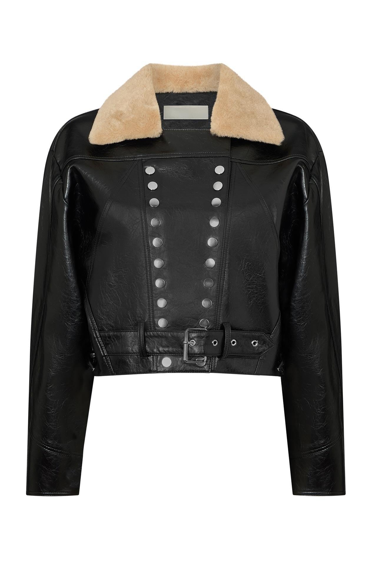 Detachable faux fur collar leather jacket